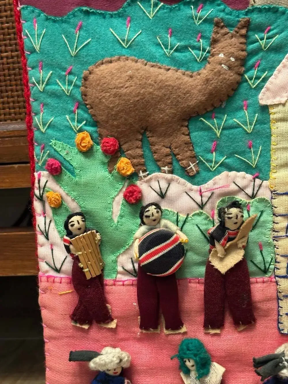 Vintage Peruvian Arpillera 3D Embroidered Folk Art Wall Hanging Signed
